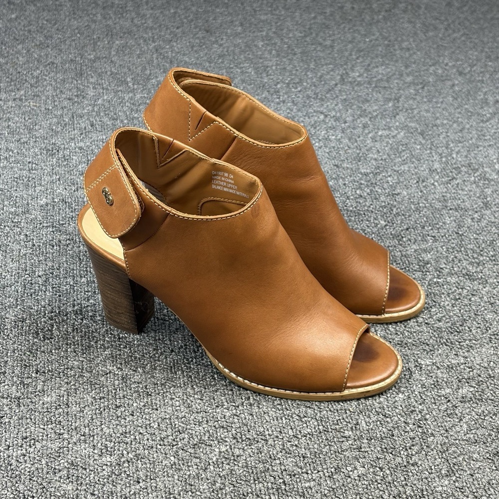 Cole Haan Wrey Peep Toe Booties‎ Womens 9B Cognac Leather Slingback Stacked Heel
